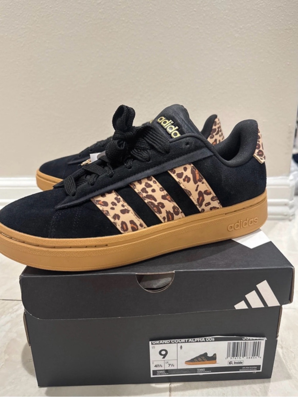 adidas Black Suede Sneakers with Leopard-Print Stripes and Gum Sole size 9